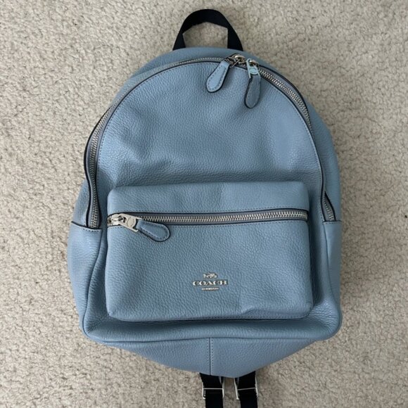 COACH Charlie Medium Backpack Light Blue Pebbles Leather Women’s - Picture 1 of 4